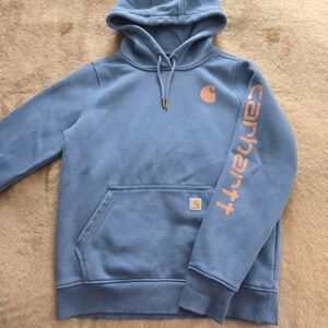 Carhartt Women's Blue Hoodie with Peach Colored Accents S